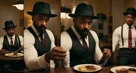 cinematic film still of <lora:Split Screen Style:1> several simultaneous images
a series of four different images of a man with a beard and a hat sitting at a table,Split Screen Style,shirt,black hair,hat,sitting,jacket,white shirt,male focus,food,multiple boys,necktie,collared shirt,belt,pants,indoors,dark skin,cup,black jacket,black headwear,blood,facial hair,chain,arms behind back,formal,table,sunglasses,dark-skinned male,suspenders,tank top,suit,black necktie,plate,6+boys,blood on face,mustache,blood on clothes,yellow necktie,white tank top,blood splatter,fedora,death , division of the screen, half screen, several simultaneous images, shallow depth of field, vignette, highly detailed, high budget, bokeh, cinemascope, moody, epic, gorgeous, film grain, grainy