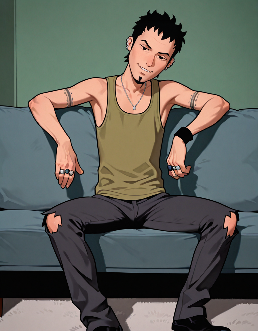 masterpiece, best quality, absurdres, newest, perfect quality, best quality, absolutely eye-catching, detailed background, intricate details, photorealistic, male focus, <lora:Daria - Trent Lane - Illustrious-000010:0.8>, trentlane, 1boy, mature male, black hair, black eyes, goatee, multiple earrings, green tank top, necklace, single wristband, multiple rings, black pants, torn pants, black shoes, head tilt, looking at viewer, indoors, sitting, on couch, smirk