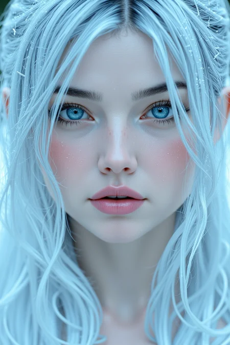 AllisonMixer, hyper realistic 4k resolution photo of a beautiful young woman looking seductively at viewer. Close up shot showing frost and ice crystals on bluish pale skin. White, slightly blue hair.