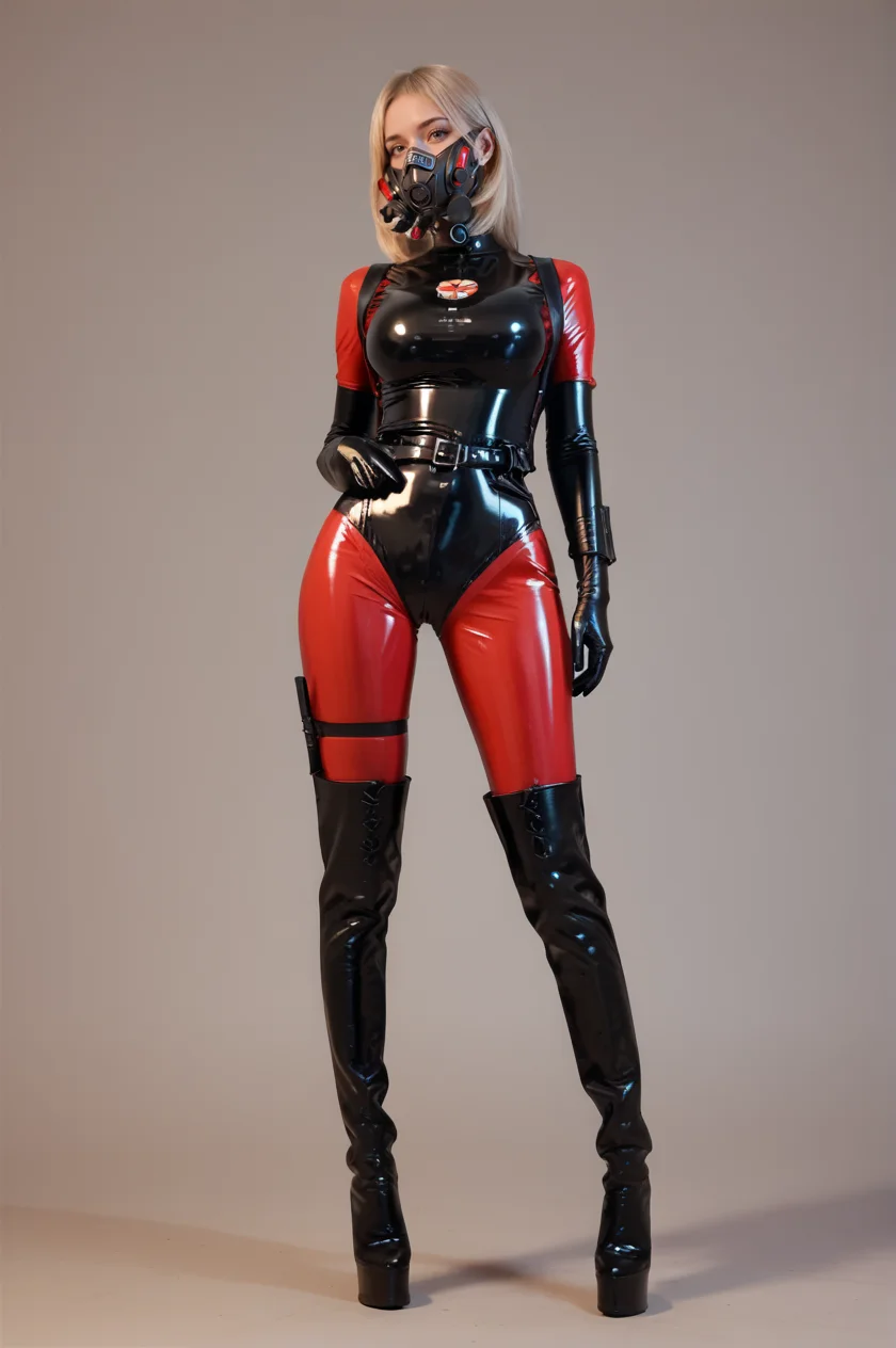 score_9,score_8_up,score_7_up,red background,1girl,solo,looking at viewer,standing,full body,large breasts,<lora:lemon0016-Resident Evil Latex Costume 1_pony_v1:0.9>,lemon0016,latex bodysuit,red thighhighs,thigh boots,belt,mask,respirator,