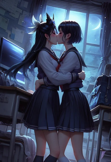 score_9, score_8_up, score_7_up, source_anime, <lora:Fixhands_anime_bdsqlsz_V1:1>, <lora:Expressive_H:0.7>, Expressiveh,
masterpiece, highres, ultra detailed, best quality, extremely detailed face, perfect lighting,
beautiful skin, shiny hair, shiny eyes, eyelashes, detailed eyes, kiss, closed eyes, blush, long hair,
multiple girls, 2girls, yuri, school uniform, skirt, serafuku, pleated skirt, socks, long sleeves, couple, sailor collar, kneehighs, school, room, computer desk, keyboard, monitor, night view, moonlight, full moon, short cut, standing, hug, neckerchief, light particles:1.5, indoors, cowboy shot,
<lora:daisyuki_pony_V1.0:0.7>, daisyuki, girl 1 is prestige star guardian syndra
