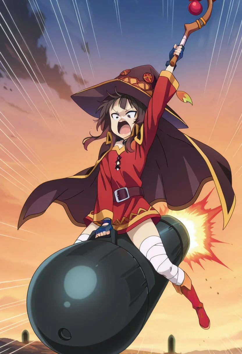 1girl, solo, megumin, anime screencap, holding staff, arm up, holding weapon, black cape, screaming, (b0mb, riding bomb, missile), sky, wind, witch hat, cowboy shot, emphasis lines, masterpiece, best quality, amazing quality,