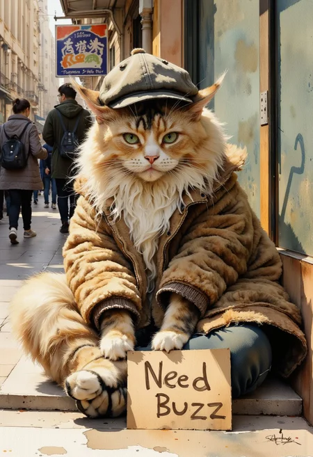 watercolor painting,MaineCoon cat, Nana_hk, dressed like a human, sitting on the bustling streets with a hopeful yet melancholy expression. Nana_hk wears a small, tattered jacket and a tiny cap, Surrounding her are busy pedestrians and colorful storefronts, contrasting her solitary figure. A small cardboard sign beside her reads “Need BuZZ,” capturing the essence of her plea.