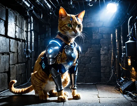 cybrk, an anthropomorphic cat posing in a dark basement, spotlight, highly detailed, exciting <lora:cybrk-knight:1>