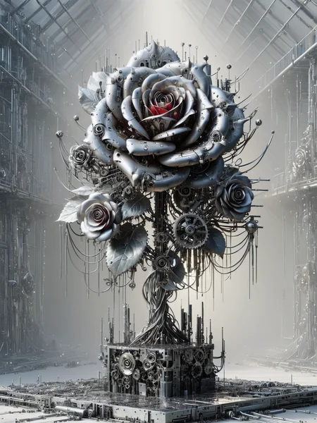 ais-mechdystopia rose, blooming vibrantly amidst a garden of steel and light, petals shimmering with an otherworldly glow <lora:Mech_Dystopia_Style_SDXL:1>