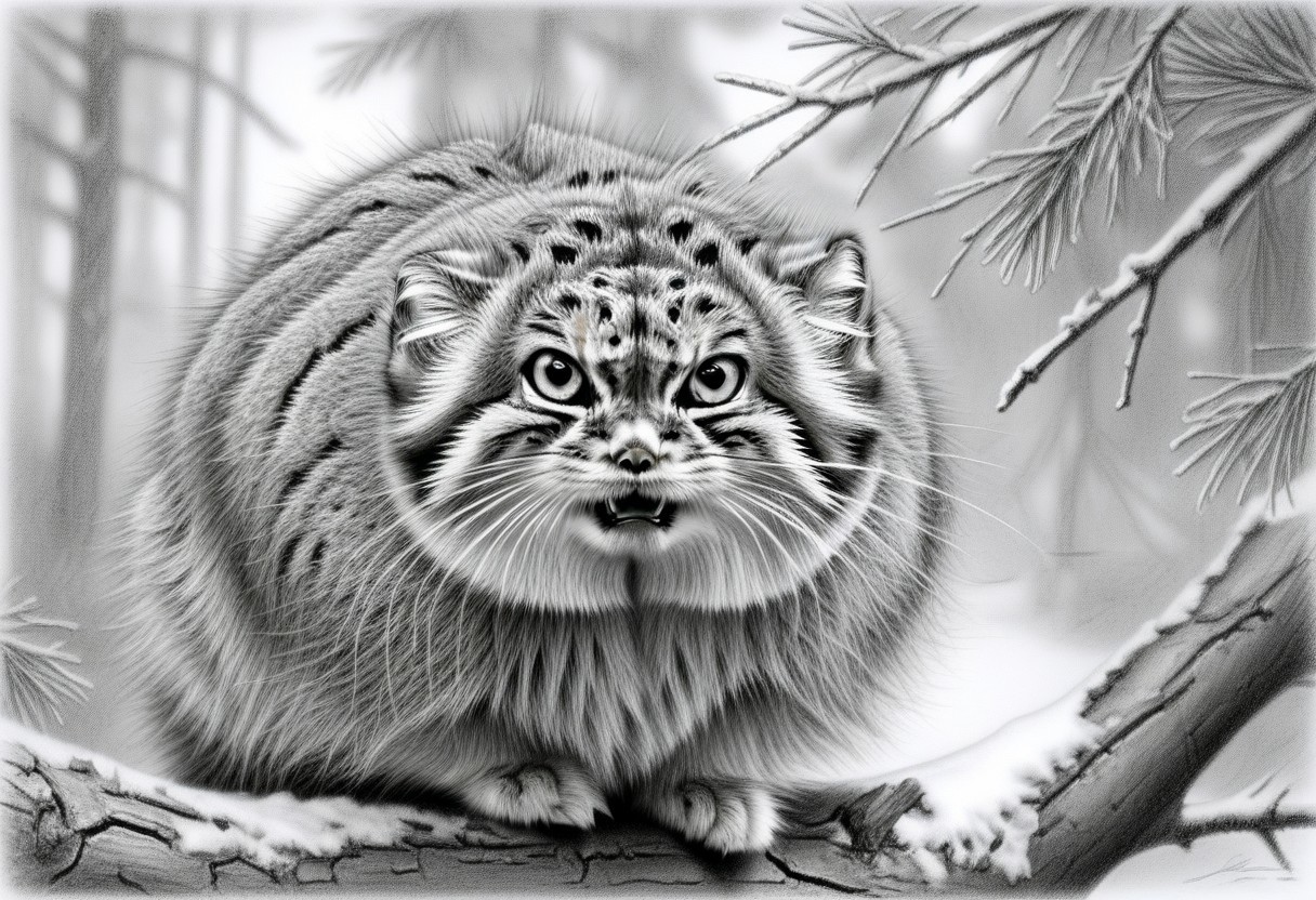a closeup head shot of an annoyed manul on a branch, Otocolobus manul, looking at viewer, angry, mouth open, background of pines and fir, dead bush, few snowy rocks, snow, light snowfall, tree trunks, Jed-Pen