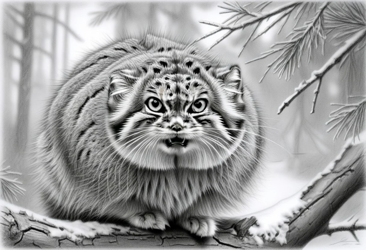 a closeup head shot of an annoyed manul on a branch, Otocolobus manul, looking at viewer, angry, mouth open, background of pines and fir, dead bush, few snowy rocks, snow, light snowfall, tree trunks, Jed-Pen