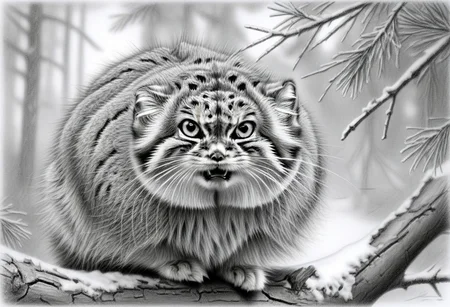 a closeup head shot of an annoyed manul on a branch, Otocolobus manul, looking at viewer, angry, mouth open, background of pines and fir, dead bush, few snowy rocks, snow, light snowfall, tree trunks, Jed-Pen