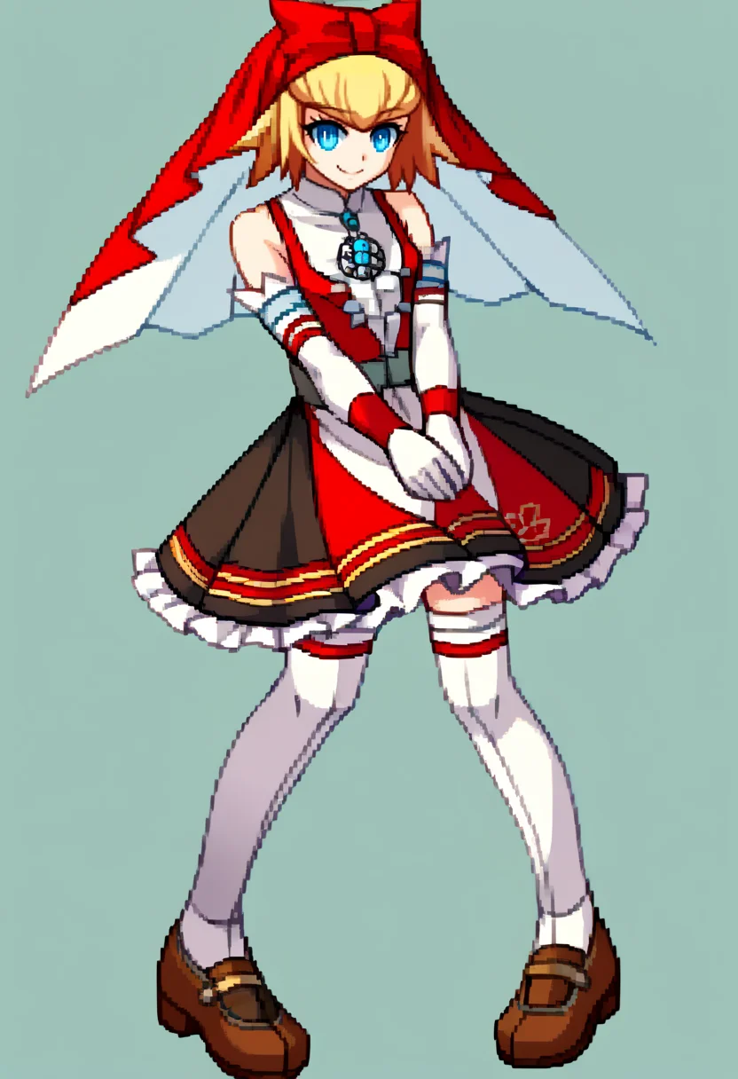 score_9, score_8_up, score_7_up, source_anime, BREAK, solo, 1girl, smile, looking at viewer, <lora:Arcana-Heart-Sprites-pdxl_Fp:1>, simple background, full body, standing, <lora:Idun-pdxl-DoRA_Fp:1>, idunnsmt, short hair, blonde hair, blue eyes, veil, red bow, red dress, vest, frilled skirt, white gloves, elbow gloves, white thighhighs, smile, bare shoulders, miniskirt, black skirt, brooch,