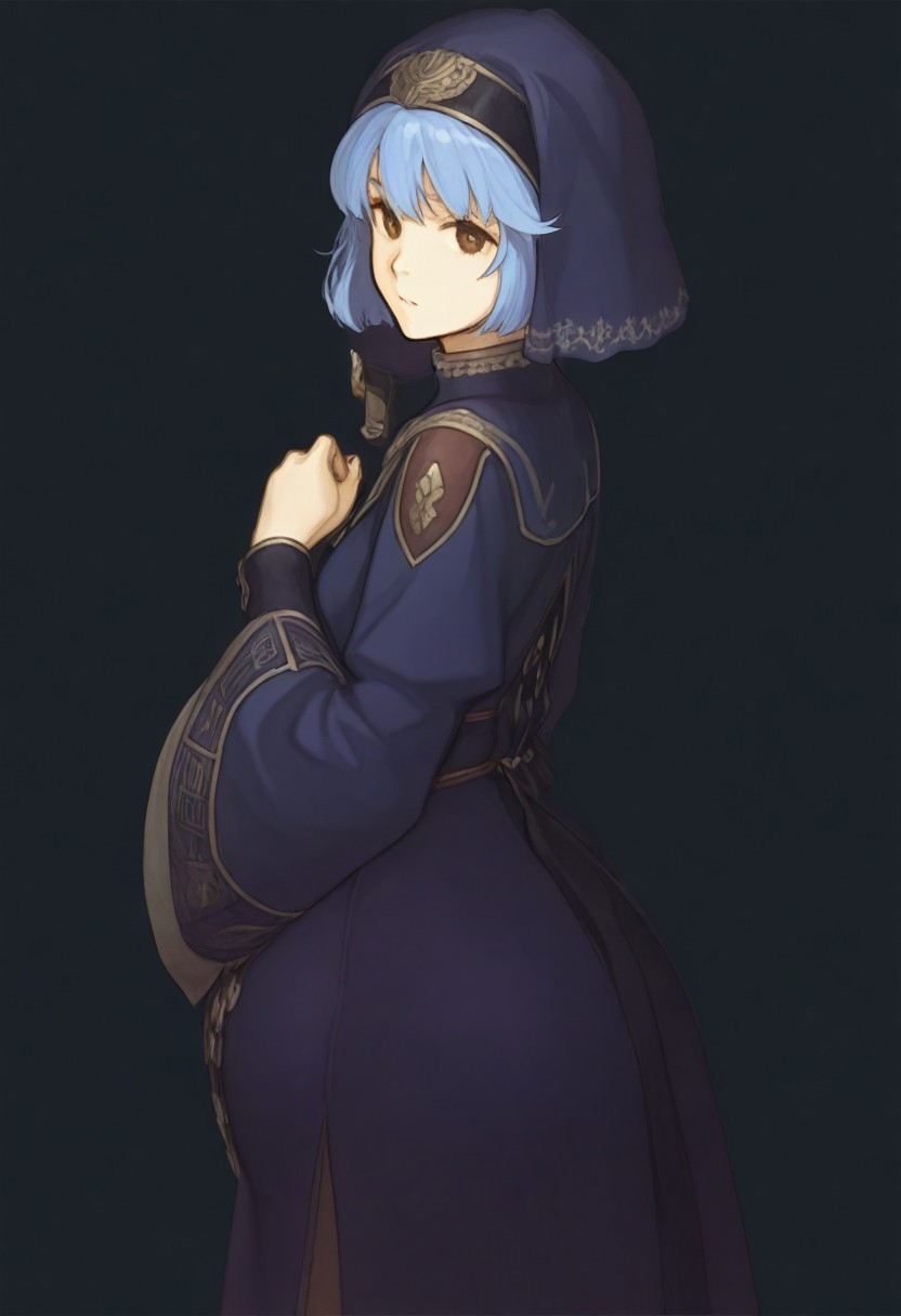 score_9, score_8_up, score_7_up, detailed, 
, clothed, pregnant, 
<lora:FE_Echoes_Shadows_of_Valentia_-_ArtStyle:1>, FE-Sh4d0ws, 1girl, solo, looking at viewer, short hair, simple background, long sleeves, white background, dress, brown eyes, blue hair, standing, upper body, looking back, from behind, veil, masterpiece, best quality, amazing quality, masterwork, cinematic light, harsh shadows, light and shadows, perfect composition ,