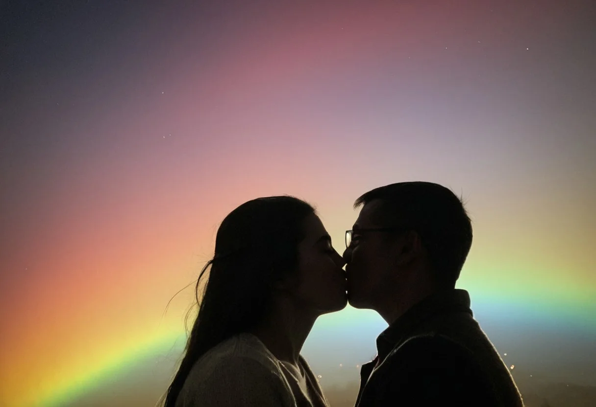 romkiss, 1boy, 1girl, couple, hetero, close up, silhouette, vintage, huge rainb0w aurora night sky, big and bright, high contrast, best quality, high res