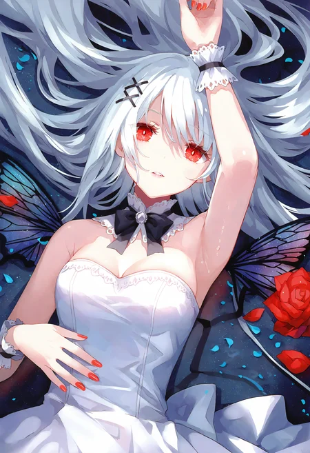 1girl, 
bug, red eyes, butterfly, dress, solo, hair ornament, long hair, red nails, white hair, petals, white dress, lying, x hair ornament, looking at viewer, breasts, on back, wrist cuffs, red flower, rose, flower, bow, red rose, hair between eyes, wings, black bow, bowtie, detached collar, cleavage, nail polish, strapless, bare shoulders, arm up, water, armpits, rose petals, very awa hime, parted lips,
masterpiece, best quality, newest, absurdres, highres, safe
 <lora:Dhiea1_noob1.1-000177:1>