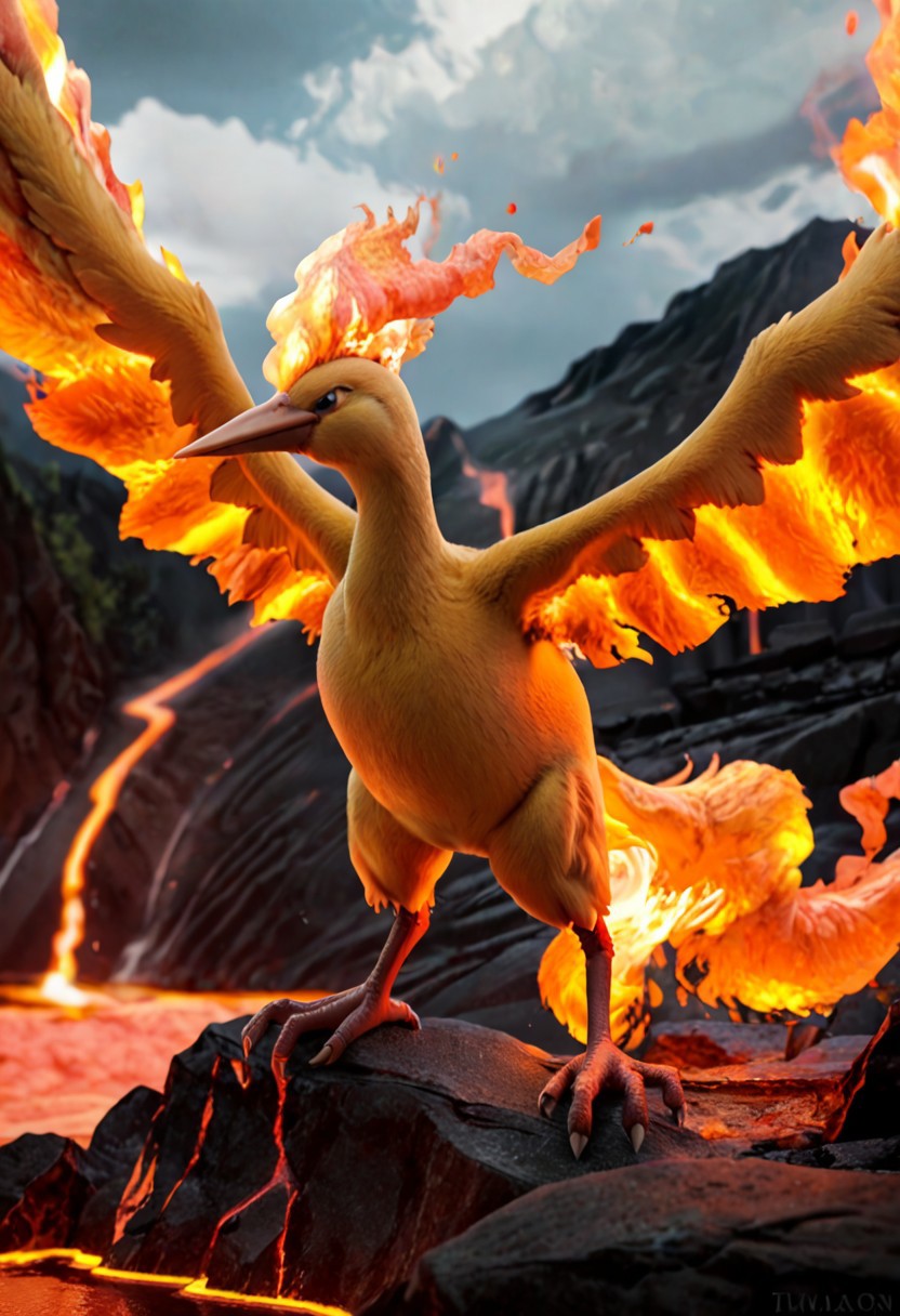 score_9, score_8_up, score_7_up, score_6_up, score_5_up, score_4_up, BREAK, solo, moltres, pokemon (creature), furry, avian, bird, detailed feathers, realistic feathers, orange feathers, beak, wings, flaming wings, realistic fire, red flames, fire, lava, volcano background, realistic
