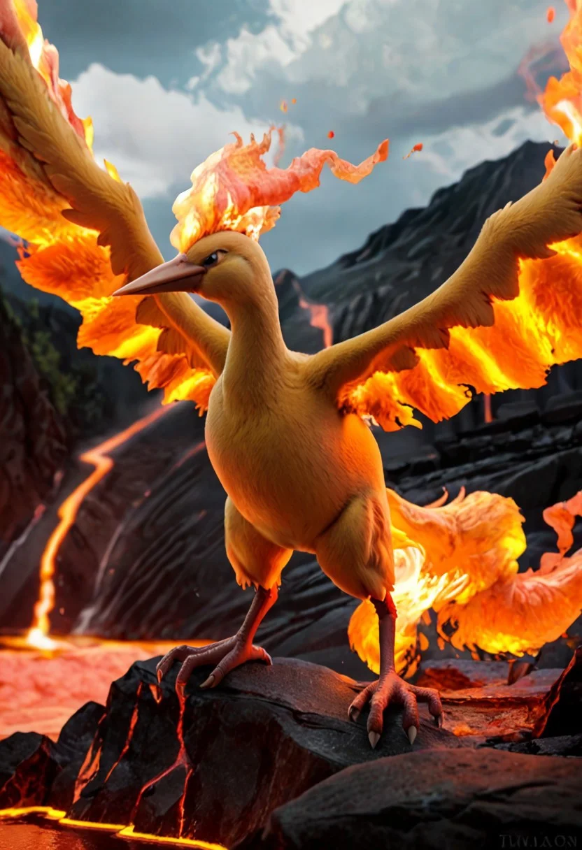 score_9, score_8_up, score_7_up, score_6_up, score_5_up, score_4_up, BREAK, solo, moltres, pokemon (creature), furry, avian, bird, detailed feathers, realistic feathers, orange feathers, beak, wings, flaming wings, realistic fire, red flames, fire, lava, volcano background, realistic