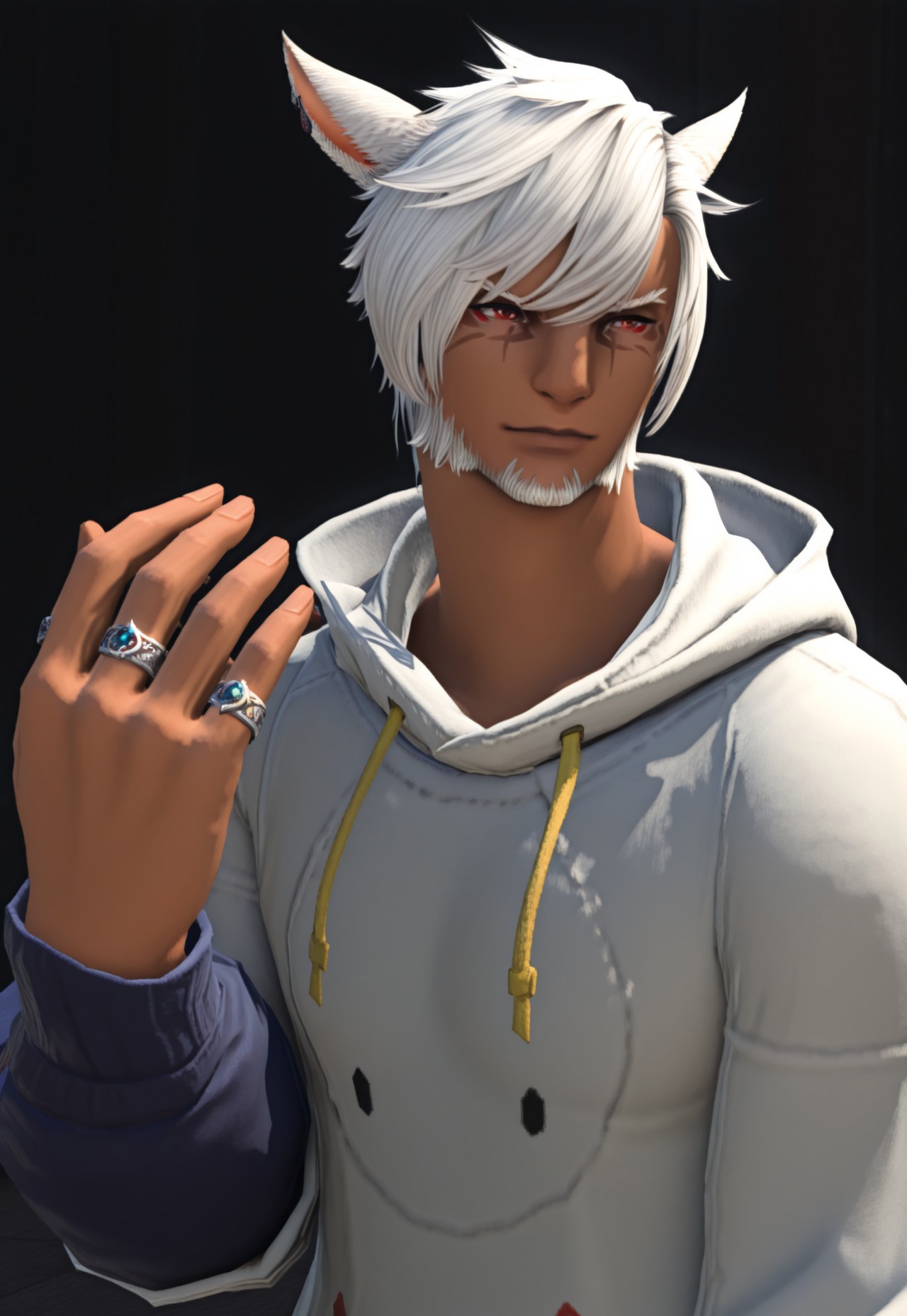 masterpiece, very aesthetic, best quality, absurdres, 3KK4T14, G3NTL3B34N, animal ears, 1boy, solo, miqo'te, male focus, facial hair, dark skin, cat ears, dark-skinned male, jewelry, red eyes, ring, white hair, beard, short hair, upper body, hood, hoodie, long sleeves, hood down, , hand up,