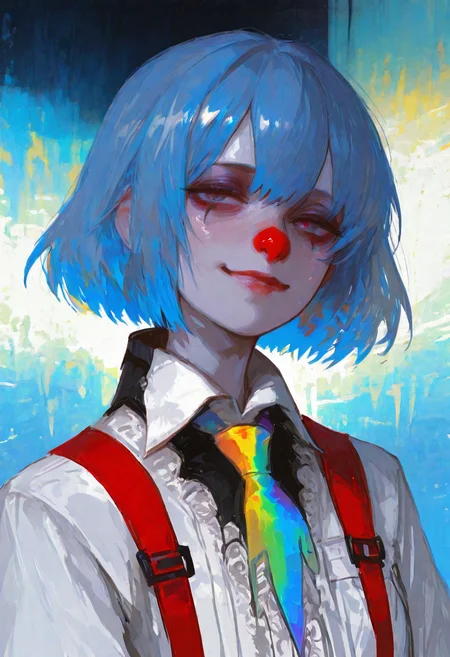 amazing quality,masterpiece, best quality, good quality, newest,very aesthetic, absurdres, newest, disco_elysium, art by Alexander Rostov, art by greg rutkowski and artgerm, soothing tones, calm colors, rough brush strokes, 1girl, solo, upper body, slim face, eyes covered with hair, seductive smile, blue hair, rat eats, short hair, goth, smeared makeup, dishelved, white office shirt, red_suspenders, red clown nose, rainbow tie, rainbow background, <lora:disco_elysium:1> <lora:748cmSDXL:0.8> 748cmstyle, <lora:ponyv6_noobV1_2_adamW:0.7> <lora:GBF_Illustrious:0.4> gbf_style, <lora:USNR STYLE_XL_loha:0.45> usnr, <lora:V5.1_retrain:0.6>