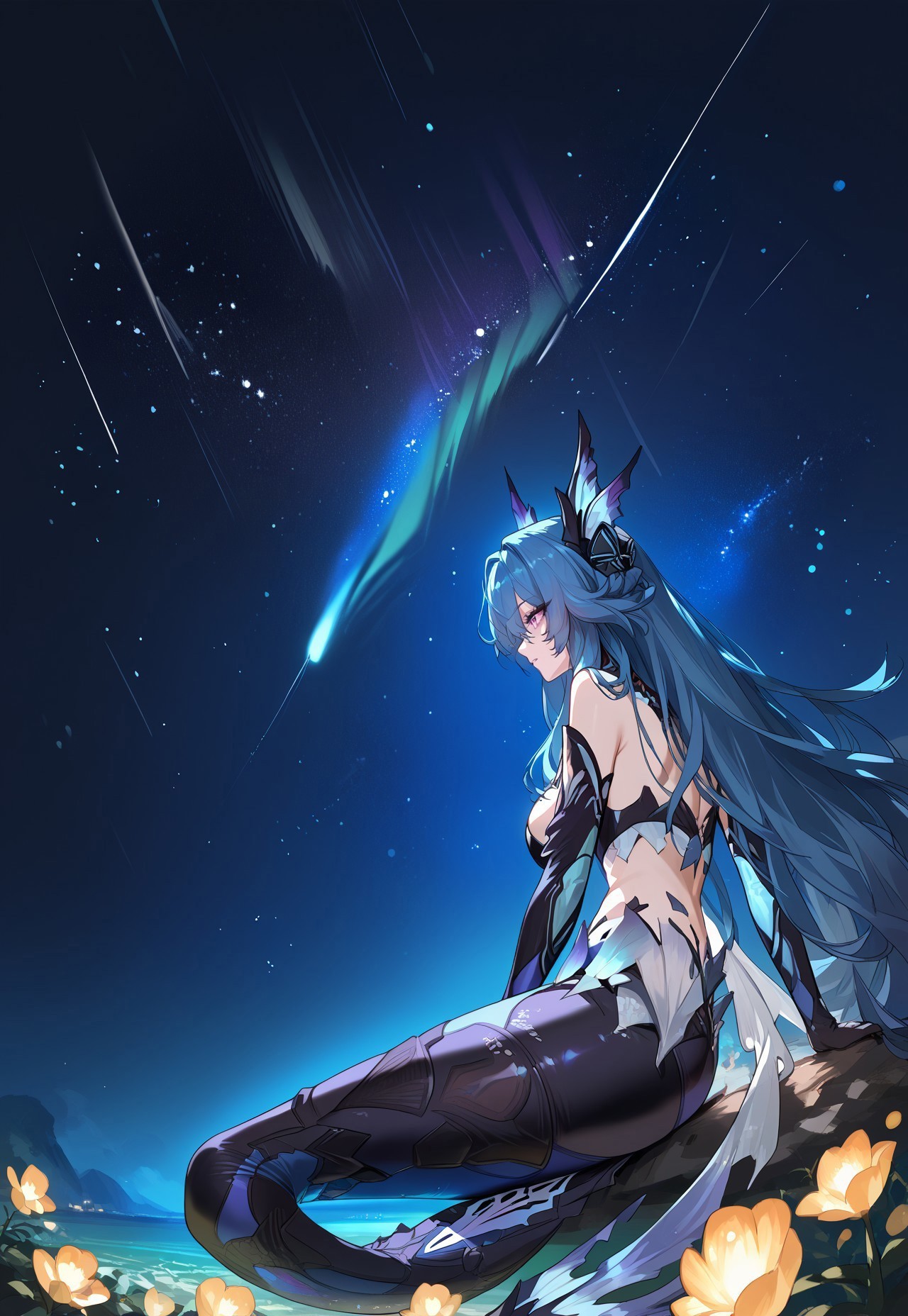 zPDXL3, score_9_up, score_8_up, score_7_up, (Anime_source), 1girl, lostlullaby, light purple eyes, bluish hair, long hair, lost clothes, headgear, shooting star, long hair, sky, star (sky), blue hair, starry sky, night, butterfly, elbow gloves, bug, night sky, sitting, outdoors, very long hair, aurora, mermaid mode