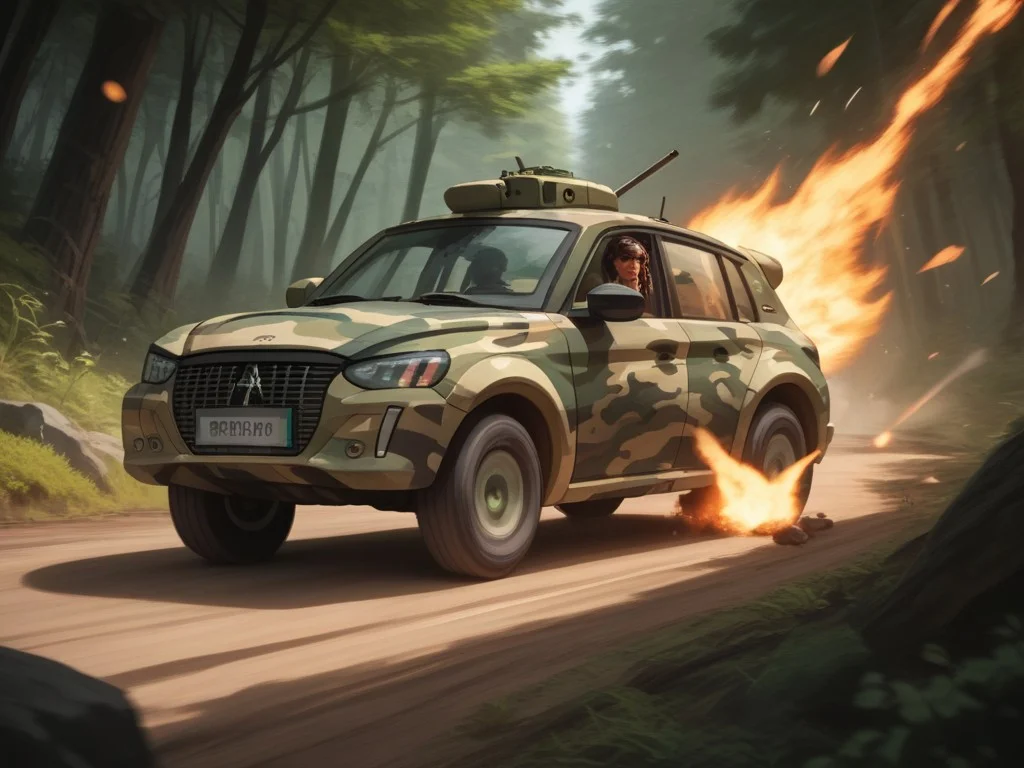 (((Lara Croft))) in front of the car, 1girl,score_9,score_8_up,score_7_up,208, military car, military 208, outside, palmers, war, explosions, camouflage, in forest, military colors, anime, manga, motion blur, speed sensations, detailed background, fast, jump, fire<lora:208_xl:1>
