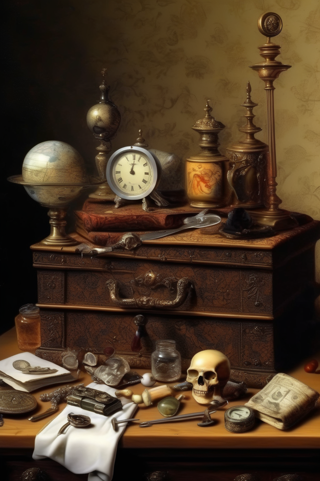 <lora:Pieter Claesz Style:1>Pieter Claesz Style - things one can find on a bedside table of a young rich lady living in England 19 century