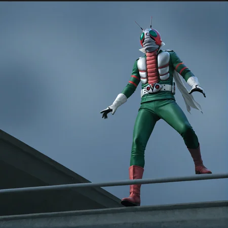 score_9,score_8_up,score_7_up,best quality,ultra-detailed,high resolution,digital painting,8k,1boy,solo,full body,male focus,from below,detailed face,antennae,belt,helmet,gloves,tokusatsu,green bodysuit,scarf,boots,standing,parody,<lora:add-detail-xl:1>,<lora:Kamen RIder V3:0.7>,kamen r1der v3,<lora:LYDart StyleIlluLYCO:0.2>,ydart,