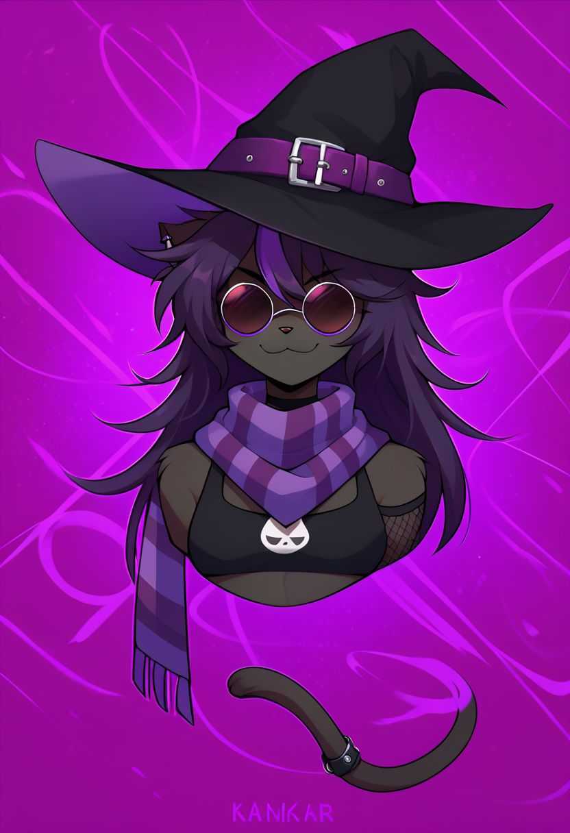 (score_9, score_8_up), score_7_up, score_6_up, Goth girl, cat, furry, anthro, cute, witch hat, (bust), magic, poster, solo, cat ears, (body fur), (black body, black skin, black fur), (black hair, purple hair, streaked hair), (long hair, messy hair, wild hair), smirk, purple stripes, sunglasses, round eyewear, hidden eyes, thin tail, tail ring, punk, piercings, scarf, crop top, fishnet, uncensored, detailed, abstract background,