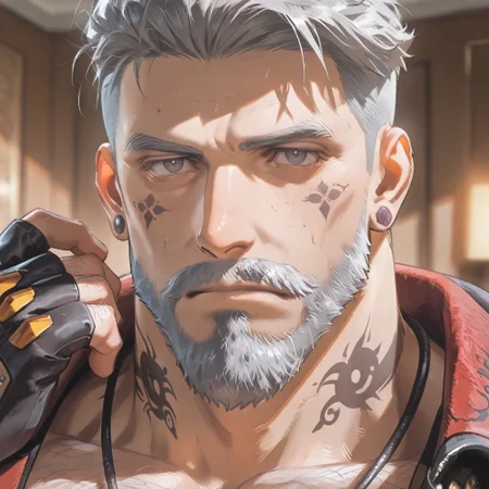 <lora:Vittorio_Toscano__Dead_by_Daylight-000003:.8> Vittorio Toscano, grey hair, mustache, goatee, face tattoo,necklace, fingerless gloves, hairy chest, hairy legs, hairy arms,
face focus, close-up,
(very short hair, beard, bara, mature, facial hair, stubble, beard, full beard, sideburn, beard, a lot of beard, ), facial hair,male focus, muscular male, muscular male, bara, mature, bara, mature, aixiwuganda_(20222192), very awa, masterpiece, best quality, absurdres, newest, perfect quality, detailed background, intricate details,
<lora:slider_Body Type_alpha1.0_rank4_noxattn_last:3><lora:style_Anime Summer Days 2 Style SDXL_LoRA_Pony Diffusion V6 XL:.6><lora:slider_cfg_scale_boost:.7><lora:Artist6p:.55>, Artist6p, Artist04p,<lora:slider_il_brightness_slider_d1:-1><lora:slider_il_contrast_slider_d1:-1><lora:slider_DarkSlider1.2_alpha1.0_rank16_full_300steps:-.6>