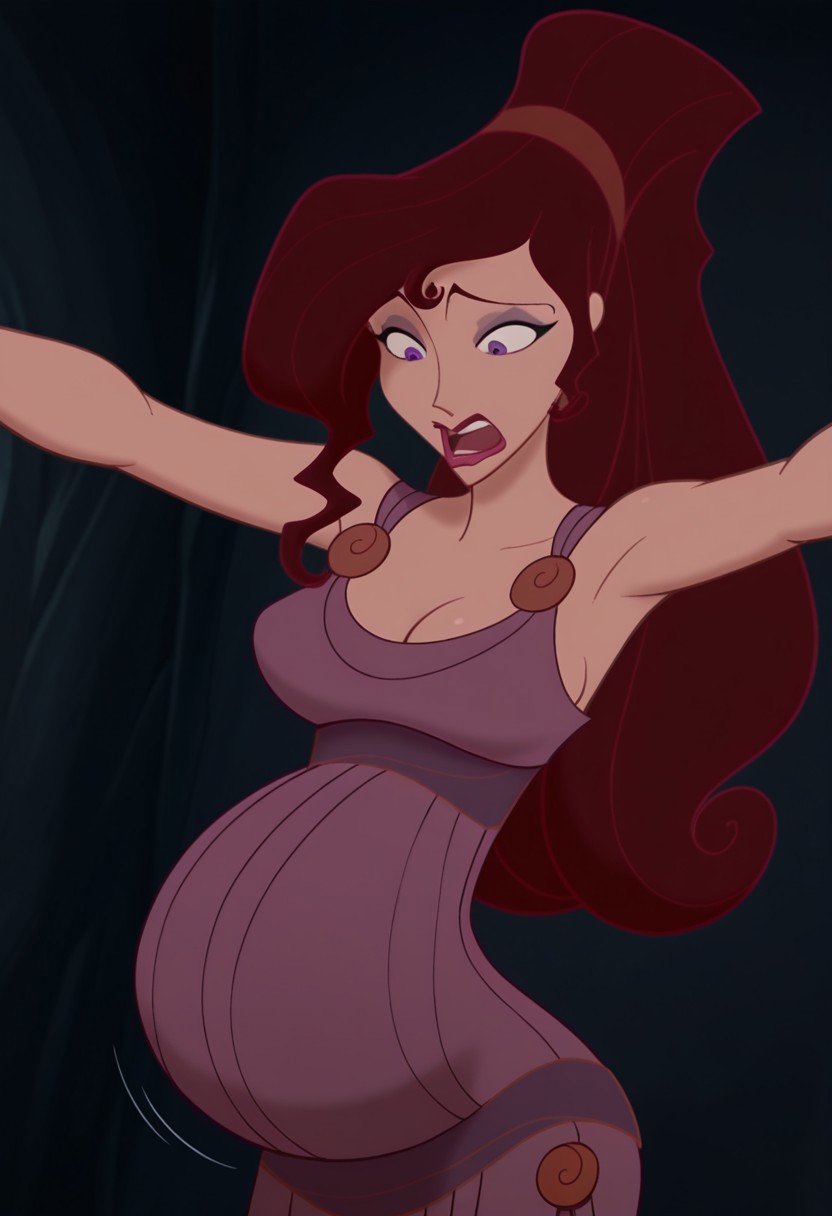1girl, masterpiece, best quality, amazing quality, absurdres, <lora:Megara__Illustrious:1> m3g4r4, megara (hercules disney), long hair, tied hair, brown hair, purple eyes, purple Greek dress, cleavage, sexy makeup, lipstick, pregnant, arms stretched apart, suprised, shocked, looking down at her tummy,