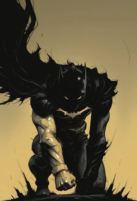 dark Shadow, Sketch, gritty, fine lines, delivering powerful Punch, fierce, torn cape, nistyle, monochrome with pastel yellow color, batman