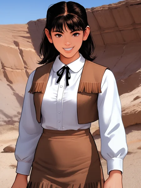 score_9, score_8_up, score_7_up, 1girl, solo,<lora:100_shaider_annie_pdxl:1> 1girl, solo, annie_shaider, anncost1, black hair, shoulder length hair, bangs, brown eyes, Japanese woman, white collar shirt, bolo tie, brown vest with fringe, brown fringed skirt, legs, standing, close up view, desert, rocky slope, looking at viewer,fighting stance, confident, close up view, smile, teeth