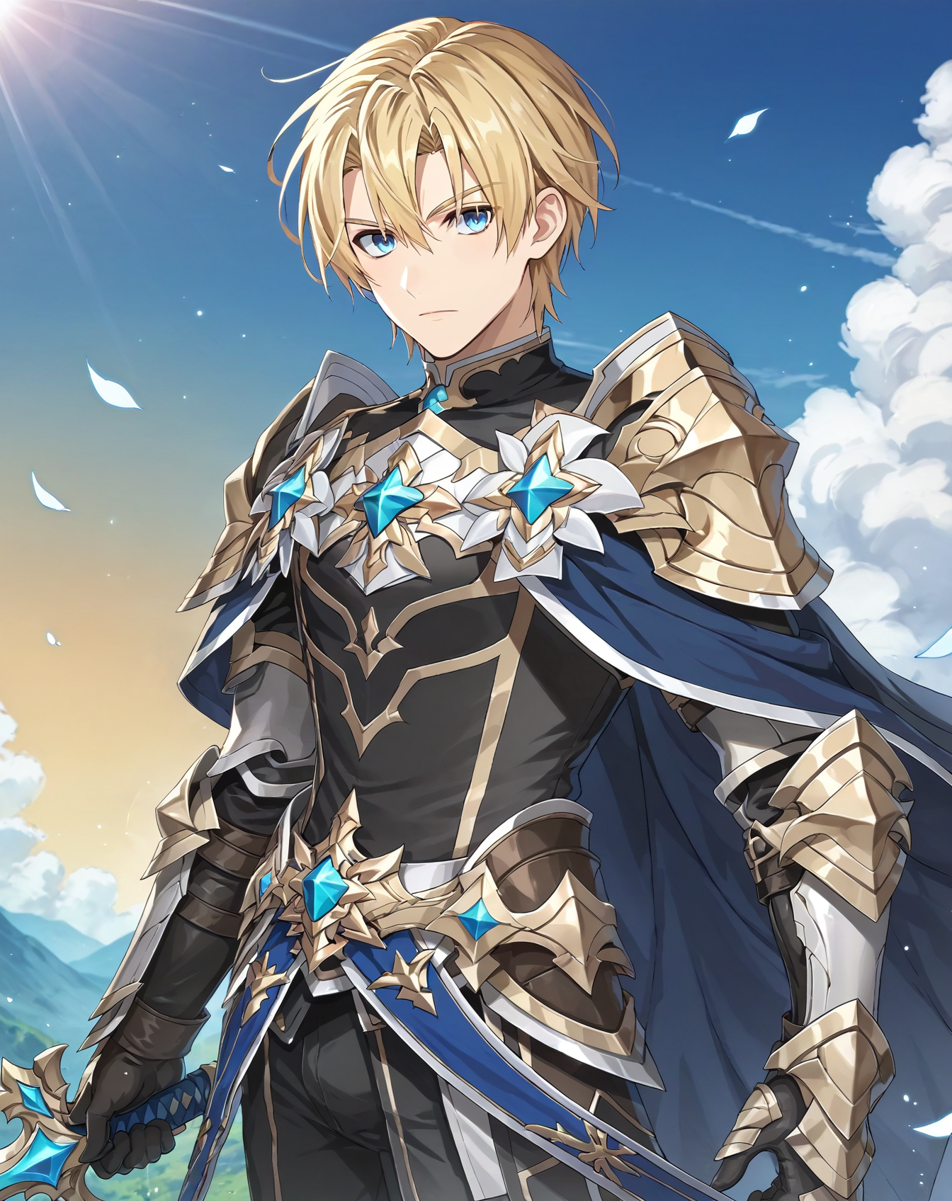 score_9, score_8_up, score_7_up, original style, depth of field, BREAK, rating_safe, 1boy, solo, yaoi, male focus, upper body, mature male, skinny,  <lora:brammashell_pony:0.8> brammashell_gc, blonde hair, blue eyes, short hair, hair between eyes, bangs, armor, weapon, cape, boots, gauntlets, armored boots, sword, holding weapon, sheath, shoulder armor, pants, gloves, holding sword, looking at viewer, outdoors, day,<lora:sdxl_lightning_8step_lora:1>  <lora:xl_more_art-full_v1:0.3>