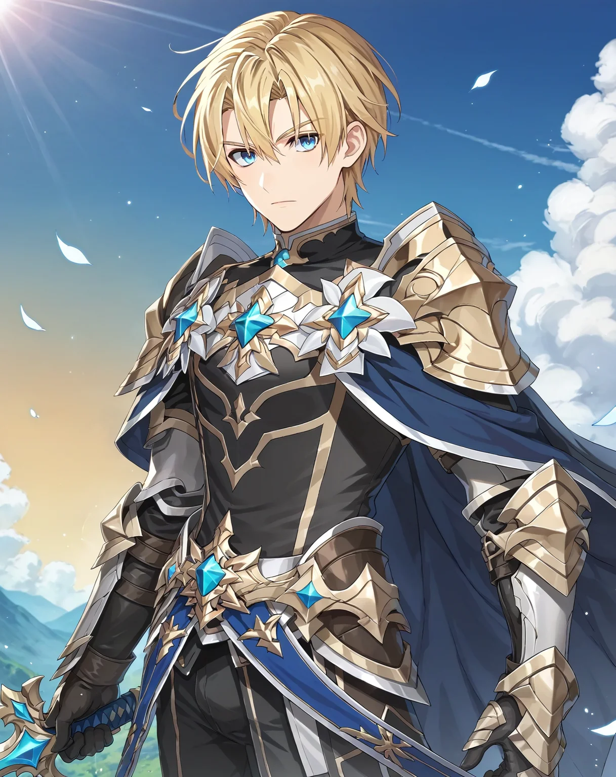score_9, score_8_up, score_7_up, original style, depth of field, BREAK, rating_safe, 1boy, solo, yaoi, male focus, upper body, mature male, skinny, <lora:brammashell_pony:0.8> brammashell_gc, blonde hair, blue eyes, short hair, hair between eyes, bangs, armor, weapon, cape, boots, gauntlets, armored boots, sword, holding weapon, sheath, shoulder armor, pants, gloves, holding sword, looking at viewer, outdoors, day,<lora:sdxl_lightning_8step_lora:1> <lora:xl_more_art-full_v1:0.3>