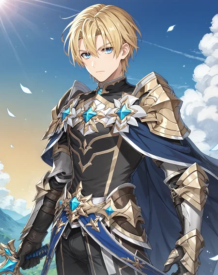 score_9, score_8_up, score_7_up, original style, depth of field, BREAK, rating_safe, 1boy, solo, yaoi, male focus, upper body, mature male, skinny, <lora:brammashell_pony:0.8> brammashell_gc, blonde hair, blue eyes, short hair, hair between eyes, bangs, armor, weapon, cape, boots, gauntlets, armored boots, sword, holding weapon, sheath, shoulder armor, pants, gloves, holding sword, looking at viewer, outdoors, day,<lora:sdxl_lightning_8step_lora:1> <lora:xl_more_art-full_v1:0.3>