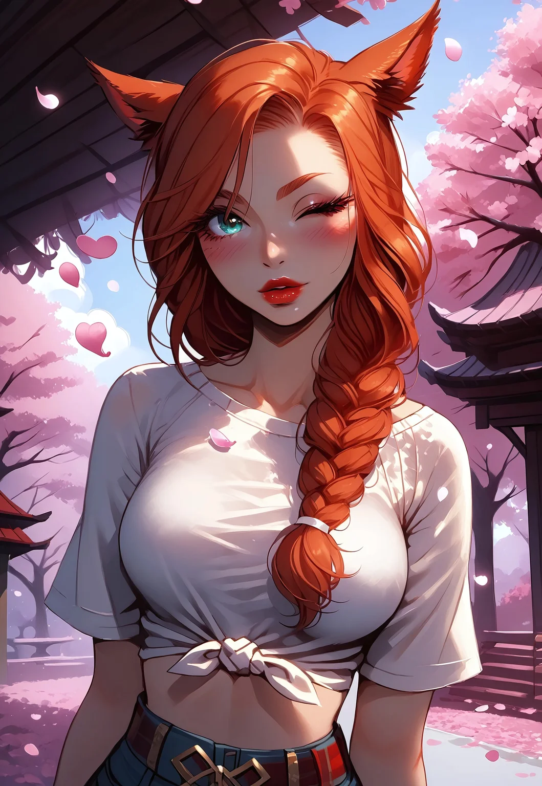 safe_pos, score_9,score_8_up,score_7_up,score_6_up, 1girl, sexy woman, miqo'te, FemmeMiq, cat girl, cat ears, animal ears, animal ear fluff, ((woman with ginger braided hair)), braid over shoulder, hair covering one eye, bold makeup, red lips, long eyelashes, eyeliner, ((large expressive teal eyes)), hourglass figure, medium breast, perky breast, perfect round ass, dark eyeliner, long eyelashes, dark pupils, high contrast shadows, ((white t-shirt showing midriff)), ((red plaid shirt over t-shirt)), jean shorts with belt, skater shoes, high res image, masterpiece, dynamic shot, <lora:Expressive_H:0.65>, <lora:incase-ilff-v3-4:0.5> <lora:g0th1cPXL:0.45>, <lora:princess_pony_v1:0.1> <lora:Branwen_QBR:0.7>, high gradient eyes, eyesHD, dynamic pose, dynamic, detailed eyes, high definition eyes, amazing quality, wallpaper, blowing kiss, k1ss3s, looking at viewer, heart, one eye closed, blush, park, cherry blossom trees, cherry blossoms, pink petals falling around girl