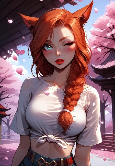 safe_pos, score_9,score_8_up,score_7_up,score_6_up, 1girl, sexy woman, miqo'te, FemmeMiq, cat girl, cat ears, animal ears, animal ear fluff, ((woman with ginger braided hair)), braid over shoulder, hair covering one eye, bold makeup, red lips, long eyelashes, eyeliner, ((large expressive teal eyes)), hourglass figure, medium breast, perky breast, perfect round ass, dark eyeliner, long eyelashes, dark pupils, high contrast shadows, ((white t-shirt showing midriff)), ((red plaid shirt over t-shirt)), jean shorts with belt, skater shoes, high res image, masterpiece, dynamic shot, <lora:Expressive_H:0.65>, <lora:incase-ilff-v3-4:0.5> <lora:g0th1cPXL:0.45>, <lora:princess_pony_v1:0.1> <lora:Branwen_QBR:0.7>, high gradient eyes, eyesHD, dynamic pose, dynamic, detailed eyes, high definition eyes, amazing quality, wallpaper, blowing kiss, k1ss3s, looking at viewer, heart, one eye closed, blush, park, cherry blossom trees, cherry blossoms, pink petals falling around girl