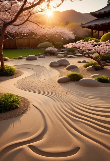 hyper-realistic, award-winning, photo, highly detailed, A peaceful Zen garden at dawn, with perfectly raked sand, blooming cherry blossoms, and a gently flowing stream. 50mm photography, dramatic rim lighting., warm morning lights, fine details, photo quality, RAW quality with NIKON camera