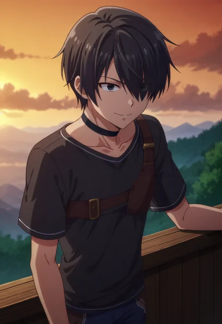 score_9, score_8_up, score_7_up,source_anime,BREAK, rating_safe, intricate details , , , anime screencap, anime coloring, official style, amazing quality, depth of field,1boy, solo, male focus , , ,  <lora:Suzaki:0.94>, setsu suzaki,black hair,black eyes,short hair,open mouth,hair over one eye,shirt, closed mouth, collarbone, upper body, short sleeves,outdoors, sky, choker,smile, cloud,black shirt, black choker,accessory, thigh strap,cloudy sky,sunset, orange sky,from above , , , <lora:sdxl_lightning_8step_lora_315544:1>