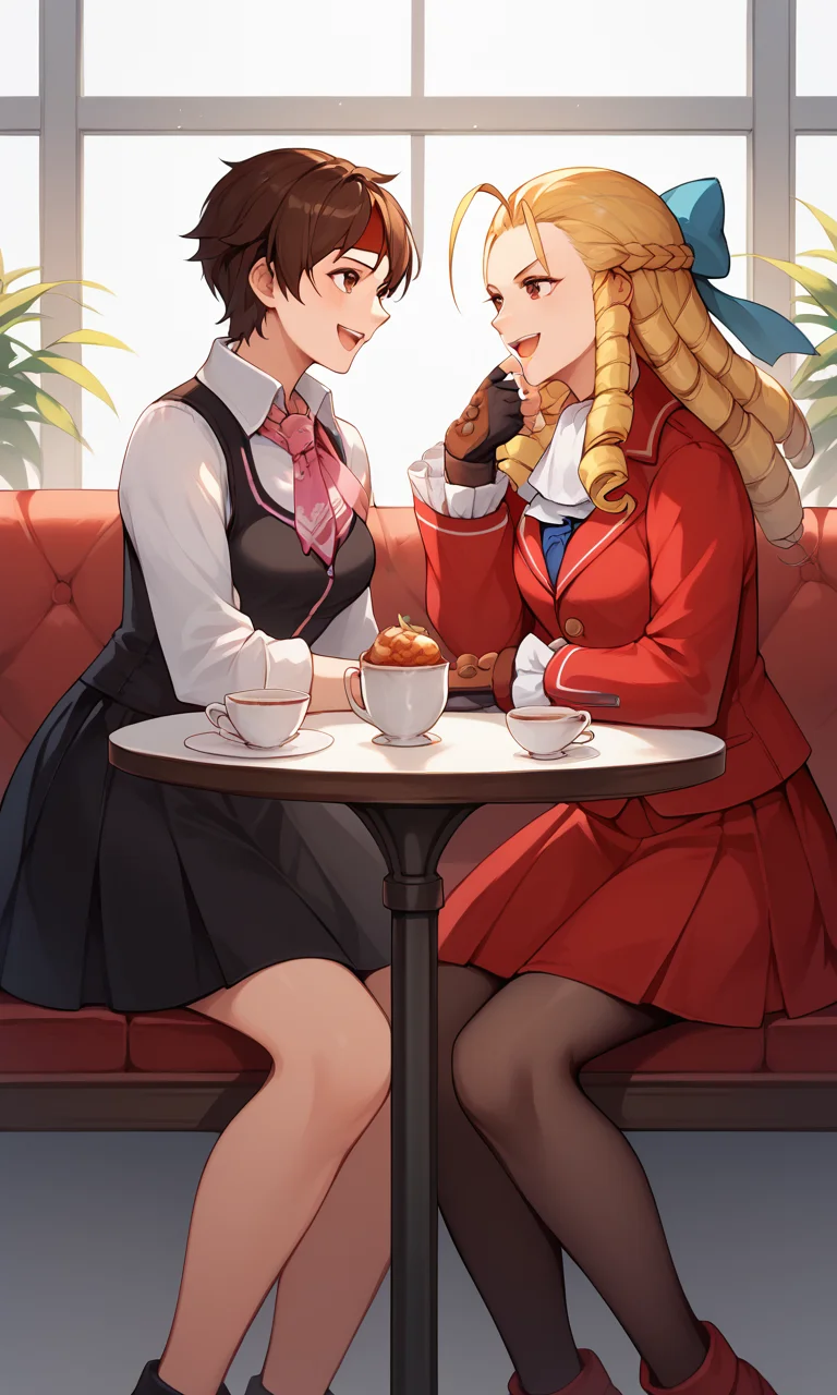 sscore_9, score_8_up, score_7_up, score_6_up, source_anime, masterpiece, cafe, sitting, window, red couch, table, 2girls, side-by-side, upper body, close-up
BREAK, <lora:SAKURASF:0.9>, 1girl ,SAKURASF, brown hair, brown eyes, black dress, pink tie, red headband, framed breasts, white collared shirt, mma gloves, open mouth, blush, nervous,, medium skirt,
BREAK, <lora:sfkarin-pdxl-nvwls-v1:0.9> 1girl, sfkarin, blonde hair, drill hair, hair bow, white ascot, red jacket, long sleeves, red skirt, frilled skirt, pantyhose, fingerless gloves, smirk, open mouth