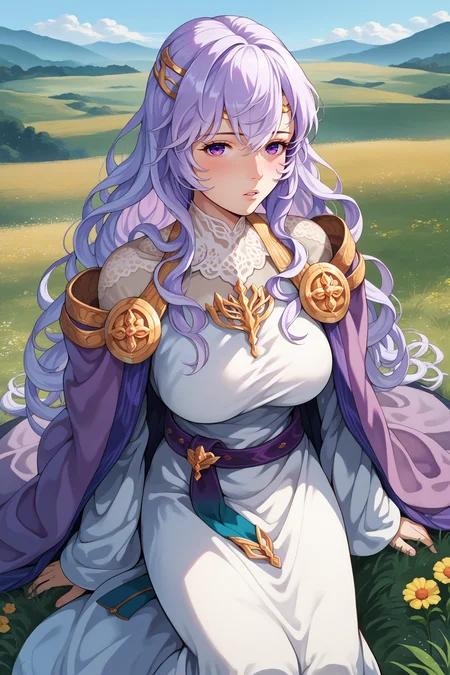 score_9, score_8_up, score_7_up, score_6_up, source_anime, 1girl, solo, <lora:fedeirdre-pdxl-nvwls-v1-000006:1> defdrd, wavy hair, white hair, long hair, purple eyes, circlet, purple cape, white dress, off-shoulder dress, wide sleeves, long dress, big breasts, blue sky, field, looking at you, parted lips, blush, from above, sitting, purple belt
