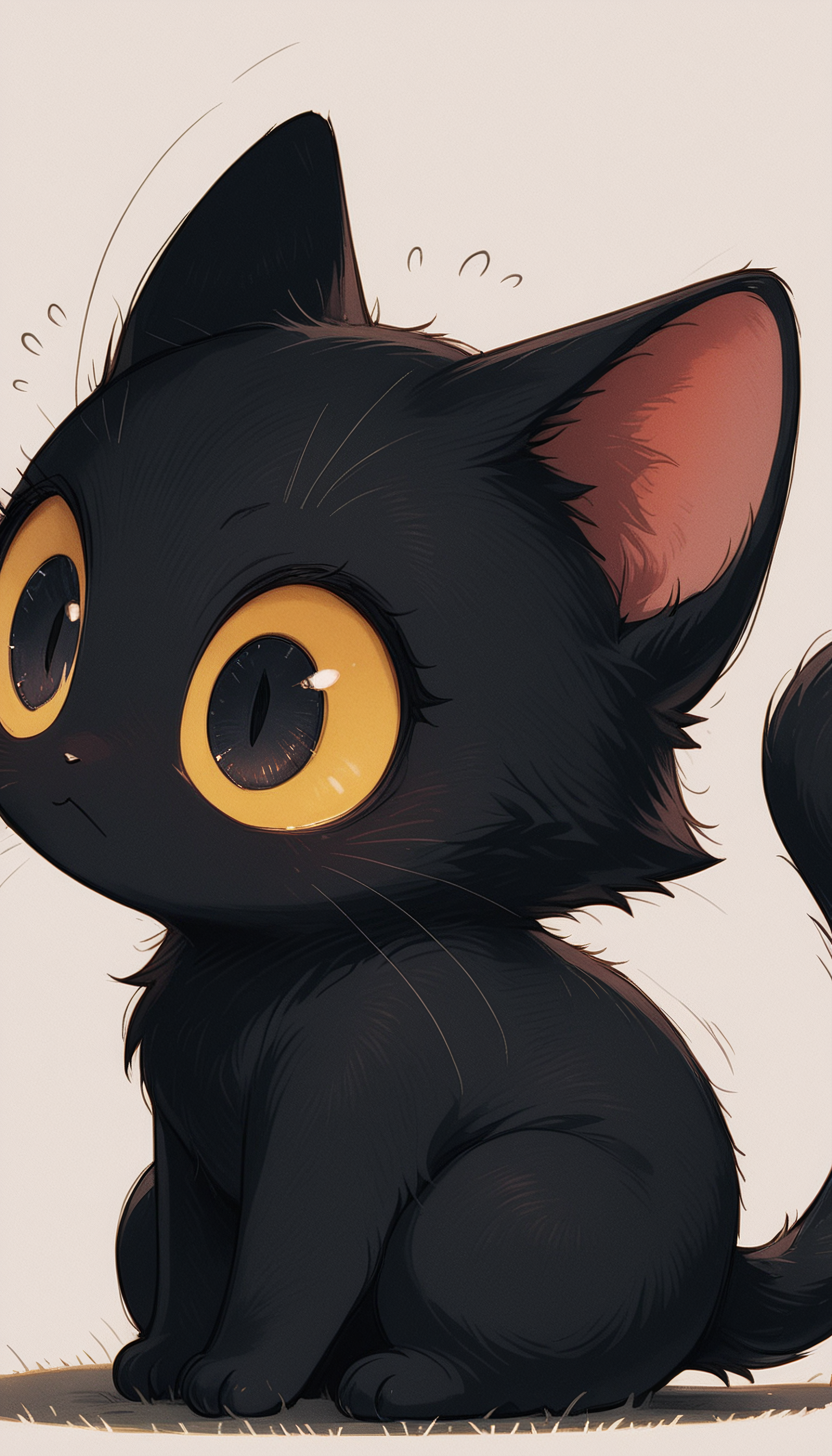 masterpiece,
perfect eyes, vivid colors, vibrant colors,
pinkretroanime, retro art, (lineless:1.5), smooth edges, In the center of the image, a black cat with striking red eyes is captured in a moment of serene curiosity. The feline's attention is drawn to something small and intriguing, possibly a toy or a tiny creature that it has spotted beneath its paws. The cat's body is mostly black, with white patches on the bottom of its feet and at the base of its tail. Its ears are pointed upwards, alert to the sounds around it. The cat is positioned slightly to the right of the center of the image, giving a sense of motion as if it has just noticed what's in front of it. The background of the image is a light beige color, providing a neutral backdrop that allows the viewer's focus to remain on the cat. There are no other objects in the image, and the overall atmosphere appears calm and quiet, with the focus solely on the cat's interaction with its environment. The lighting in the image is soft and diffuse, casting gentle shadows and highlighting the cat's fur in a way that makes it look fluffy and inviting., solo, looking at viewer, simple background, white background, sitting, closed mouth, tail, full body, yellow eyes, grey background, black eyes, from side, looking to the side, no humans, profile, animal, flying sweatdrops, cat, looking up, slit pupils, motion lines, surprised, yellow background, colored sclera, wide-eyed, tail raised, black cat, animal focus, blank eyes, no mouth, yellow sclera, whiskers, black fur