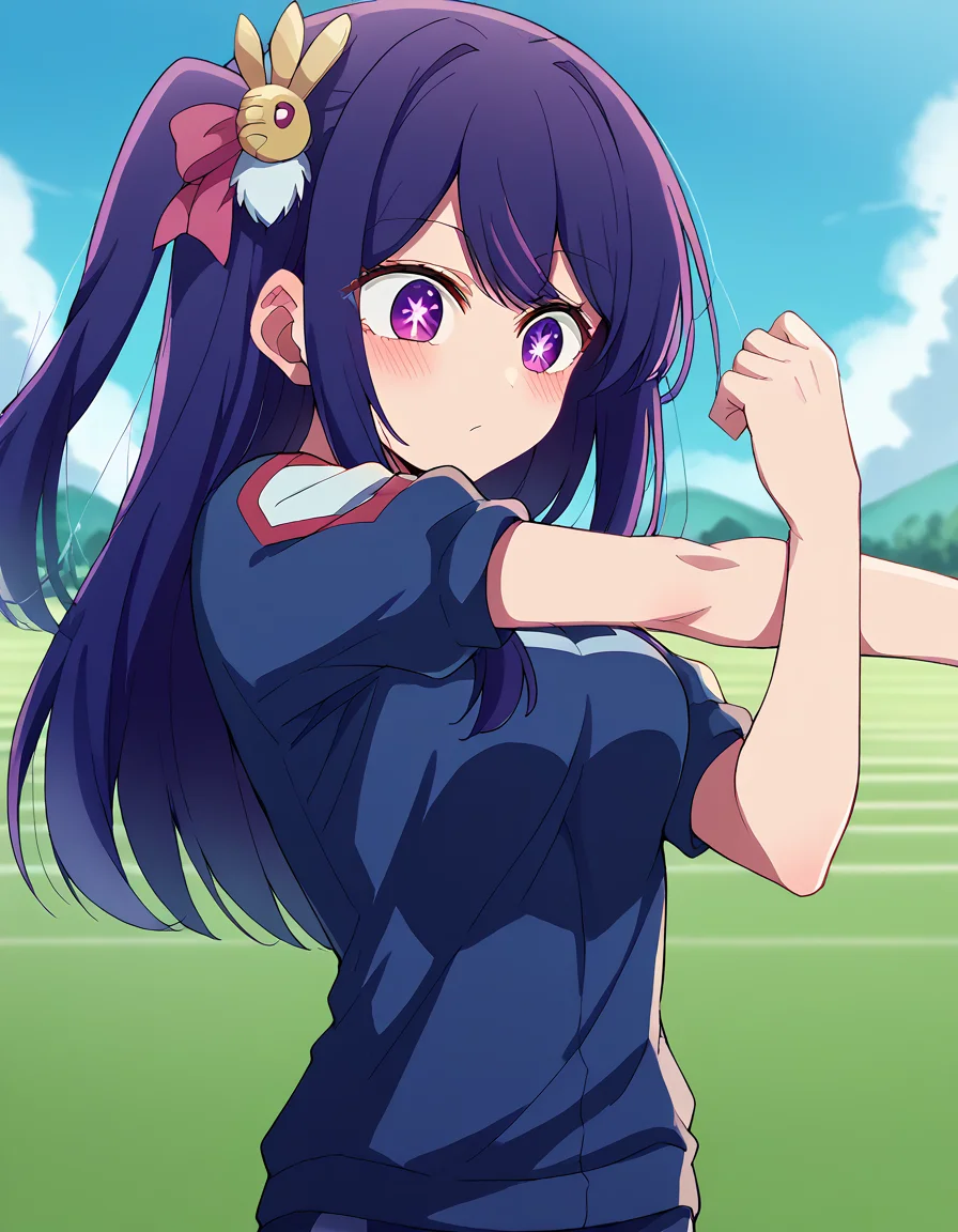 score_9, score_8_up, score_7_up, source_anime, <lora:ai-hoshino-s1-ponyxl-lora-nochekaiser:1>, ai hoshino, long hair, bangs, purple eyes, purple hair, symbol-shaped pupils, one side up, hair ornament, hair ribbon, medium breasts,, <lora:ua-gym-uniform-ponyxl-lora-nochekaiser:1> ua gym uniform, u.a. gym uniform, blue track suit, blue pants, blue shirt, short sleeves,, blush, track and field, <lora:cross-body-stretch-ponyxl-lora-nochekaiser:1> cross-body stretch, stretching, arm across chest, exercising,, cowboy shot,