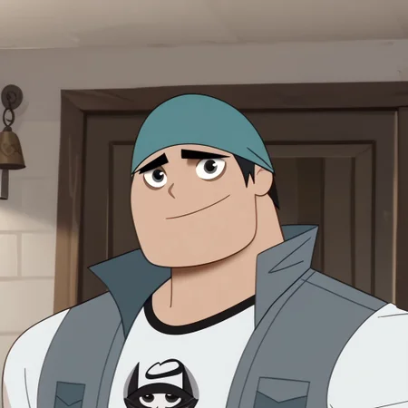 score_9, score_8_up, score_7_up BREAK BiffyD, 1boy, short black hair, black eyes, dark green brimless cap, open sleeveless gray jacket, short-sleeved white shirt with black accents, face view, face closeup, male, male focus, solo focus, alone, screenshot, official art, parody, cartoon footage, official design, screencap, cartoon screenshot, official screenshot, 2d, cartoon, source_cartoon, happy, smiling at viewer,