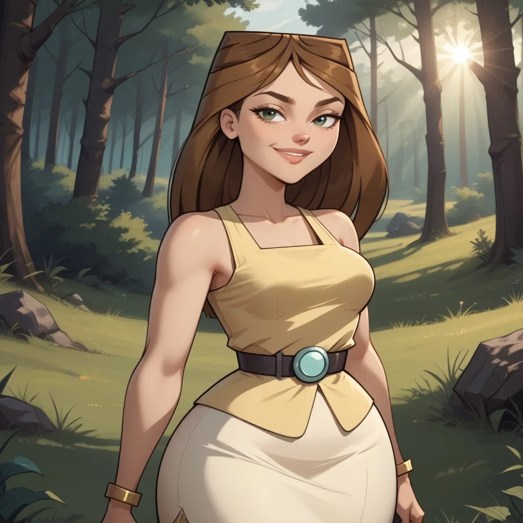 score_9, score_8, BREAK, solo, brown hair, long hair, lips, yellow sleeveless top, belt, white skirt, black high heel boots, yellow bracelet, breasts, total drama, TaylorTD, sexy pose, self portrait, smile, outdoors, sunlight, shadows, evening lighting, natural lighting, forest, trees, grass, orange sky, sunset