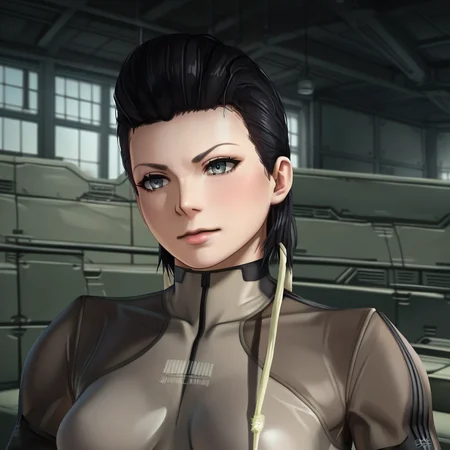 score_9, score_8_up, score_7_up,score_6_up,uncensored,detailed eyes,perfect eyes,extremely detailed CG,extremely detailed face,detailed Lora,best quality,source_anime,anime,perfect face, beautiful eyes,beautiful face, detailed eyes ,masterpiece,high resolution, distinct image BREAK <lora:MGS4_Screaming_Mantis:1> MGS4_Screaming_Mantis, 1girl, solo, black hair, short hair, grey eyes, medium breasts, grey bodysuit, skin tight, gloves, toeless legwear ,portrait,closed mouth