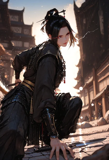 masterpiece, best quality, good quality, very aesthetic, absurdres, newest, 8K, depth of field, focused subject, visual storytelling, dynamic composition,
stylized, scenery, bokeh, blurred background,
Black Myth Wukong, Wukong hairstyle,
chinese mythology, (dynamic pose:1.3), eye-trails, fighting-stance, eye trail, zone-eyes, high speed motion, intense action shot, curved black knife, (carvings on the knife)
upper body focus, flat chest
storm aura, divine energy, long flowing sash, ancient armor, windblown hair, dramatic sky, celestial clouds, mythic scale, sakura petals, cinematic composition, backlighting, volumetric light, storytelling scene, symbolic environment, god-tier illustration,(sketch:1.3), in the style of cksc, detailed hand grip on knife