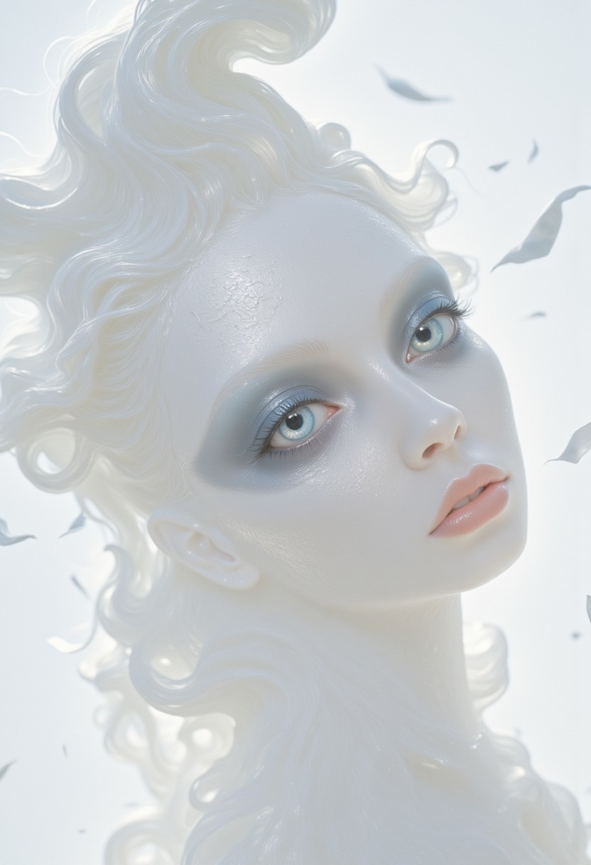 A closeup, surreal, ethereal portrait of a woman with a hauntingly beautiful, almost angelic presence. Her pale complexion is luminescent, blending seamlessly into the pure white background, creating an impression that she is emerging from light itself. Her very large piercing blue eyes are the focal point, their crystalline clarity and soft glow conveying a sense of otherworldly wisdom and calm. Her long lashes are bold and dramatic, contrasting starkly against her porcelain skin, drawing the viewer's gaze deeper into her haunting stare. Her features are delicately sculpted, with high cheekbones, a perfectly straight nose, and soft, full lips that hold a subtle, neutral expression, suggesting serenity and quiet strength. Her platinum-white hair flows and floats softly upwards, emphasizing her celestial appearance. The fine strands are light and wispy, blending seamlessly into the white backdrop with white ashes falling around her, adding to the ethereal atmosphere. The lighting is diffused and even, erasing shadows and creating a minimalistic aesthetic that places full focus on her striking features. The overall composition feels timeless, as if capturing the essence of purity and perfection, with a soft, dreamlike quality that invites introspection and awe. The simplicity of the image enhances its mystique, creating a profound, angelic presence that feels both familiar and otherworldly.