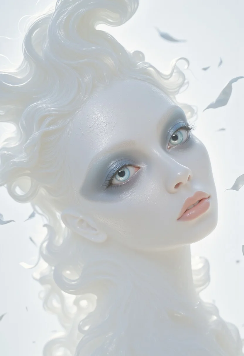 A closeup, surreal, ethereal portrait of a woman with a hauntingly beautiful, almost angelic presence. Her pale complexion is luminescent, blending seamlessly into the pure white background, creating an impression that she is emerging from light itself. Her very large piercing blue eyes are the focal point, their crystalline clarity and soft glow conveying a sense of otherworldly wisdom and calm. Her long lashes are bold and dramatic, contrasting starkly against her porcelain skin, drawing the viewer's gaze deeper into her haunting stare. Her features are delicately sculpted, with high cheekbones, a perfectly straight nose, and soft, full lips that hold a subtle, neutral expression, suggesting serenity and quiet strength. Her platinum-white hair flows and floats softly upwards, emphasizing her celestial appearance. The fine strands are light and wispy, blending seamlessly into the white backdrop with white ashes falling around her, adding to the ethereal atmosphere. The lighting is diffused and even, erasing shadows and creating a minimalistic aesthetic that places full focus on her striking features. The overall composition feels timeless, as if capturing the essence of purity and perfection, with a soft, dreamlike quality that invites introspection and awe. The simplicity of the image enhances its mystique, creating a profound, angelic presence that feels both familiar and otherworldly.
