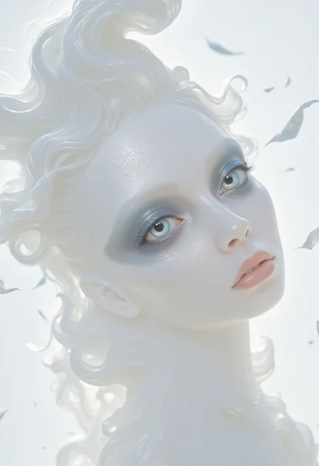 A closeup, surreal, ethereal portrait of a woman with a hauntingly beautiful, almost angelic presence. Her pale complexion is luminescent, blending seamlessly into the pure white background, creating an impression that she is emerging from light itself. Her very large piercing blue eyes are the focal point, their crystalline clarity and soft glow conveying a sense of otherworldly wisdom and calm. Her long lashes are bold and dramatic, contrasting starkly against her porcelain skin, drawing the viewer's gaze deeper into her haunting stare. Her features are delicately sculpted, with high cheekbones, a perfectly straight nose, and soft, full lips that hold a subtle, neutral expression, suggesting serenity and quiet strength. Her platinum-white hair flows and floats softly upwards, emphasizing her celestial appearance. The fine strands are light and wispy, blending seamlessly into the white backdrop with white ashes falling around her, adding to the ethereal atmosphere. The lighting is diffused and even, erasing shadows and creating a minimalistic aesthetic that places full focus on her striking features. The overall composition feels timeless, as if capturing the essence of purity and perfection, with a soft, dreamlike quality that invites introspection and awe. The simplicity of the image enhances its mystique, creating a profound, angelic presence that feels both familiar and otherworldly.
