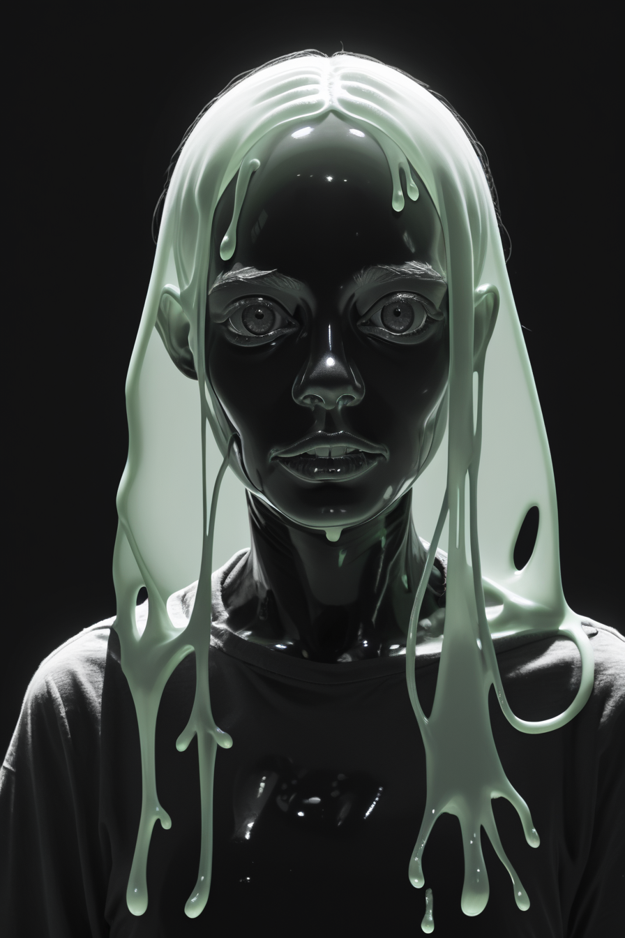 score_9, score_8_up, score_7_up, score_6_up, score_5_up, score_4_up, <lora:GRIM_v1:1>  greyscale, monochrome, limited palette, horror (theme), eldritch abomination, chaotic, silhouette,, <lora:wizardslimev15-t:1> wizardslimus, slime skin, transparent head, transparent body, transparent hair, transparent face, transparent, slime girl, <lora:K040790P:0.8> 040790P, woman, 24 years old, <lora:Breast Slider - Pony_alpha1.0_rank4_noxattn_last:0.3>