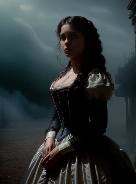 <lora:burton:1>tm style, a beautiful woman from the year 1800 in a dress of the time,movie frame, cinematic, a lot of haze, volumetric lights, realistic, 8k