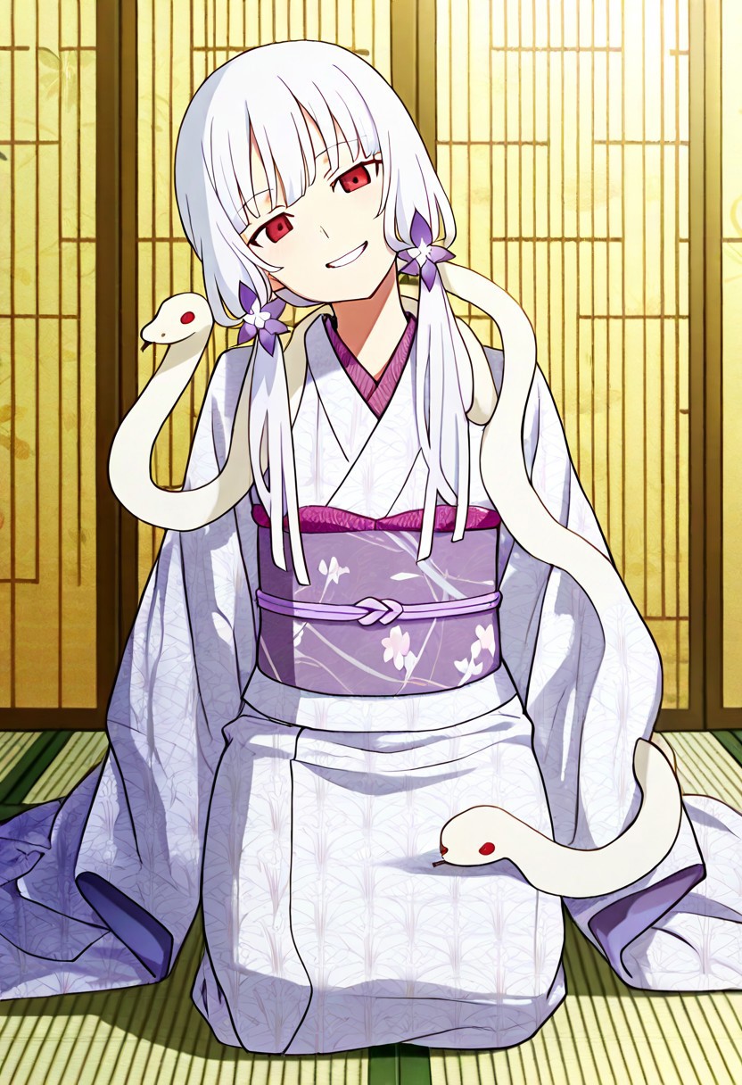 Smooth Quality - Illustrious, sfw,
anime, illustration, nadeko, red eyes,long hair,white hair,snake hair,albino, 
<lora:NSFWFilter_illusXL_Incrs_v1:-1>
<lora:Snake_on_Shoulders:0.8> sn4k3, snake on shoulders, large snake, white snake,
1girl, solo,
japanese clothes, white kimono, furisode, floral print, 
looking at viewer, head tilt, beautiful smile, grin,
golden folding screen, zabuton, tatami,